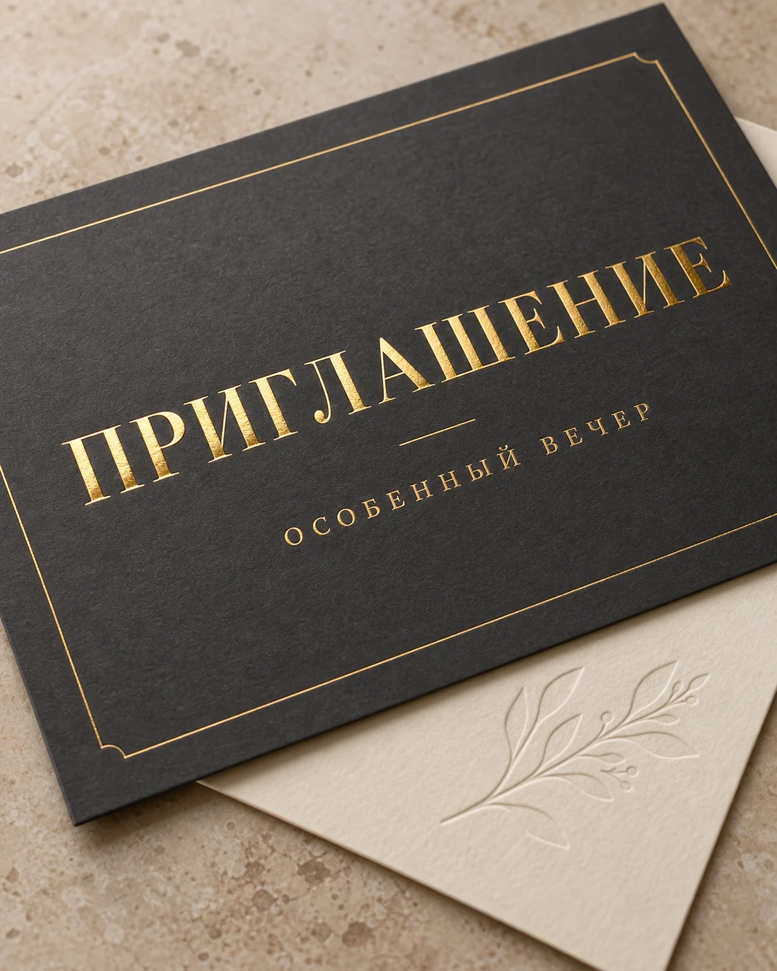 Золотая надпись на тёмном приглашении и рельефный узор на светлой карточке