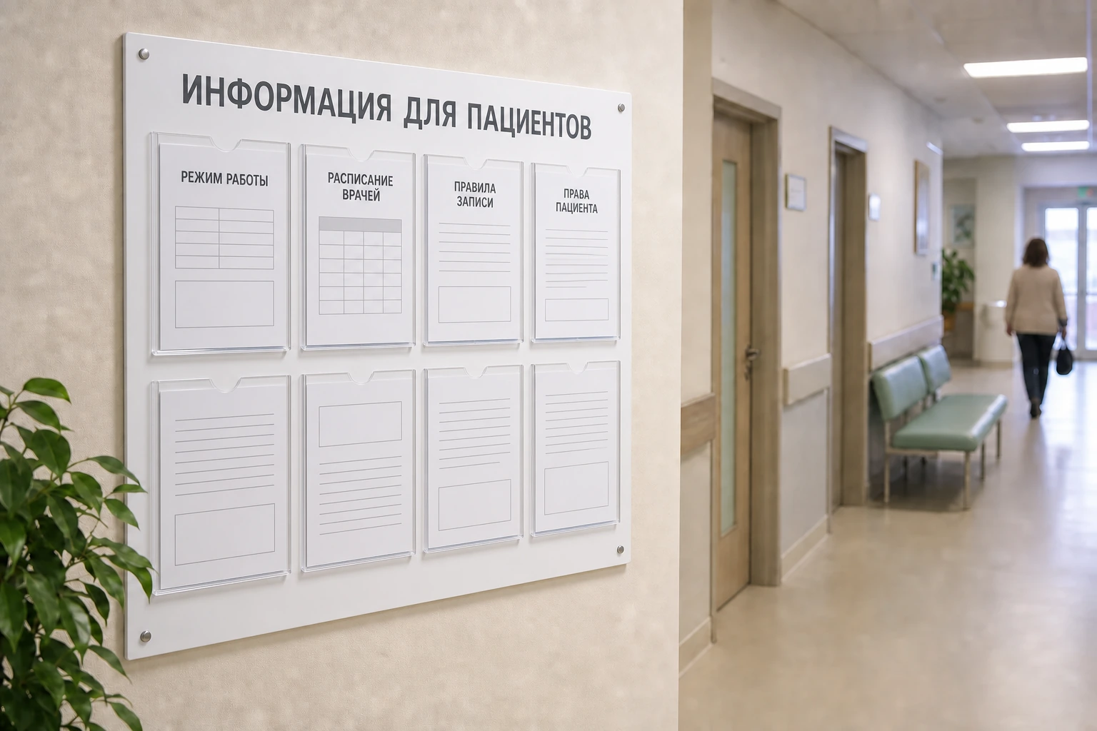 Стенд «Информация для пациентов» с расписанием и памятками в коридоре клиники; для заказа в Рязани
