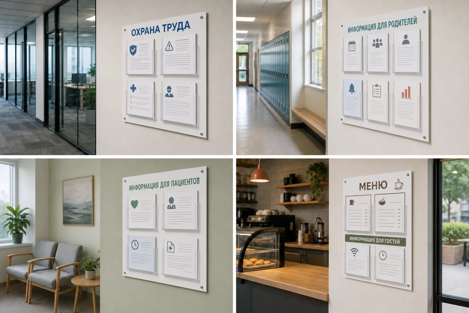 Стенды «Охрана труда», «Информация для родителей», «Информация для пациентов» и «Меню»; для заказа в Рязани