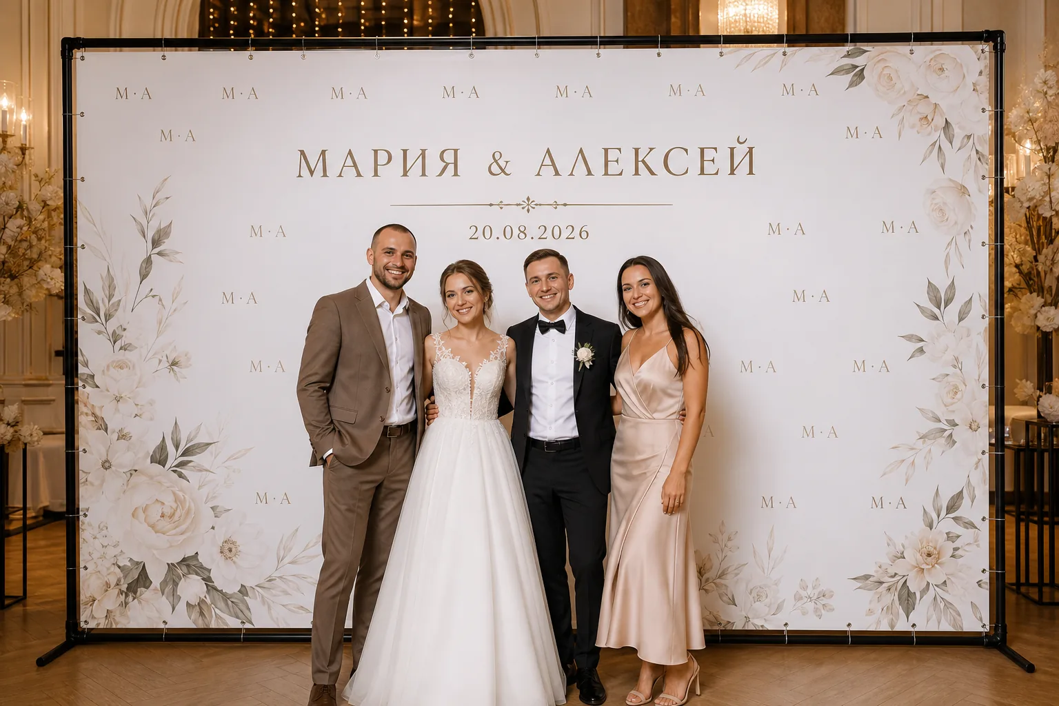 Гости у прямоугольного свадебного Press Wall; для заказа в Рязани