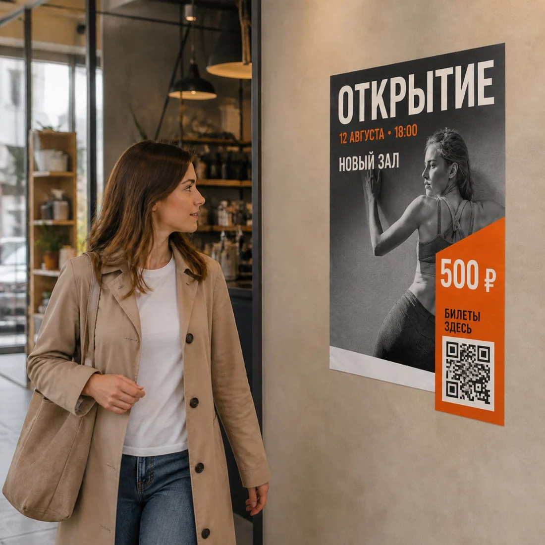 Прохожая замечает бумажный плакат с событием, датой, ценой и QR-кодом; для заказа в Рязани