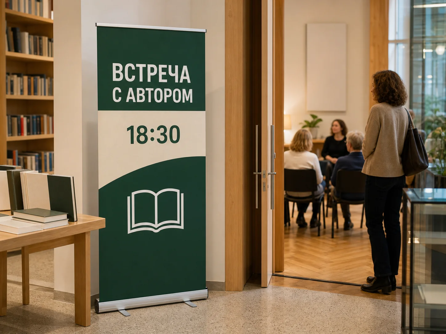 Roll-up с русской надписью «ВСТРЕЧА С АВТОРОМ» у входа в библиотечный зал