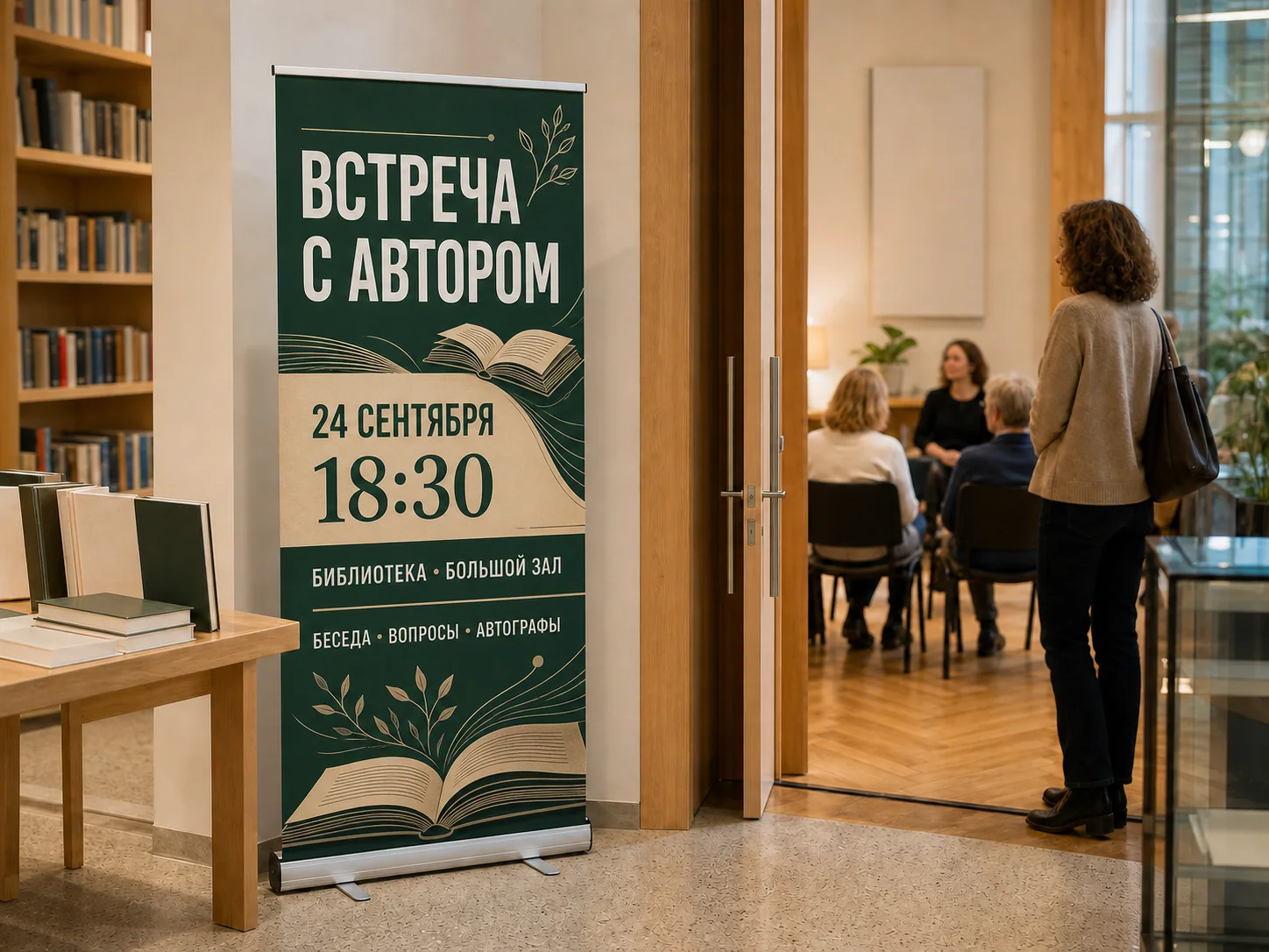 Roll-up «ВСТРЕЧА С АВТОРОМ» с программой и книжным фоном у входа в зал