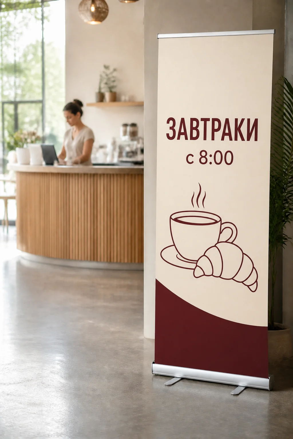 Roll-up с русской надписью «ЗАВТРАКИ с 8:00» у стойки кафе