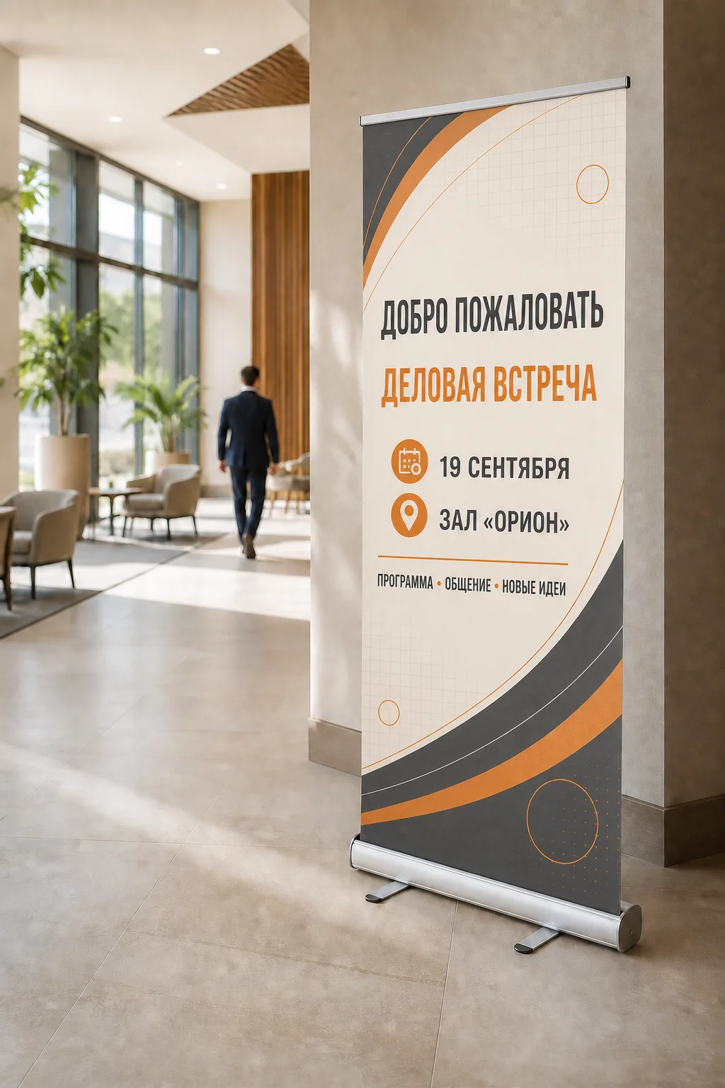 Roll-up стенды — Roll-up с насыщенным русским макетом в лобби делового центра; образец смежной услуги, кадр 1, ПЕЧАТЬ32, получение в Рязани, раздел «Штендеры»