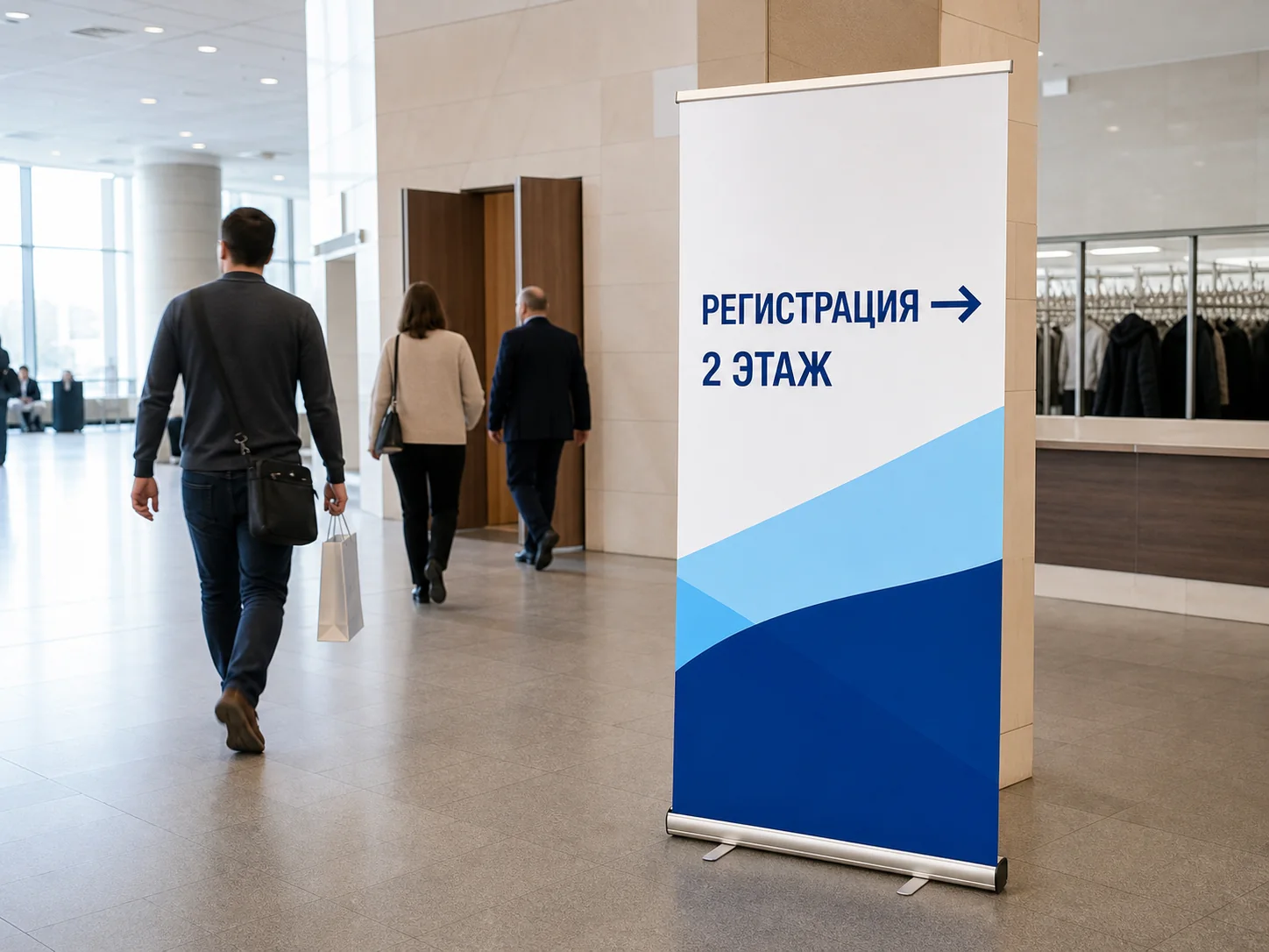 Roll-up с русской навигацией «РЕГИСТРАЦИЯ 2 ЭТАЖ» в конференц-центре