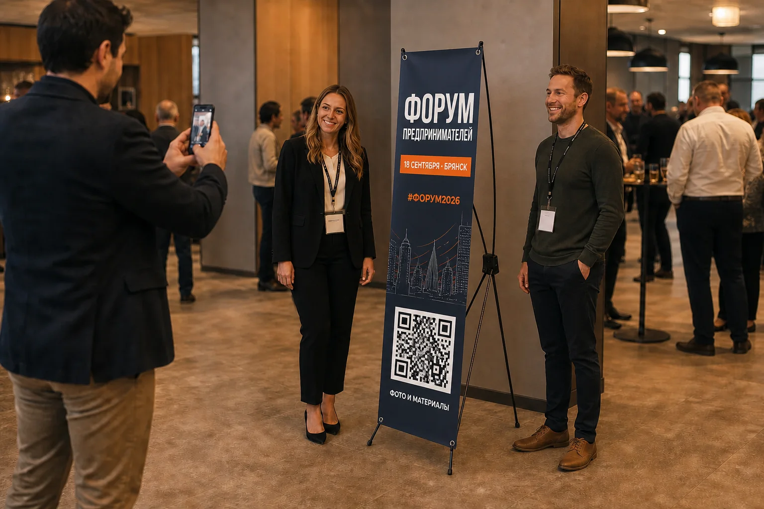 Участники фотографируются рядом со стендом паук с названием, датой и QR-кодом форума; для заказа в Рязани
