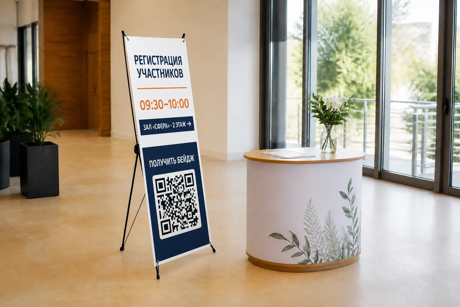 Стенд паук с информацией о регистрации участников и QR-кодом у стойки организаторов; для заказа в Рязани