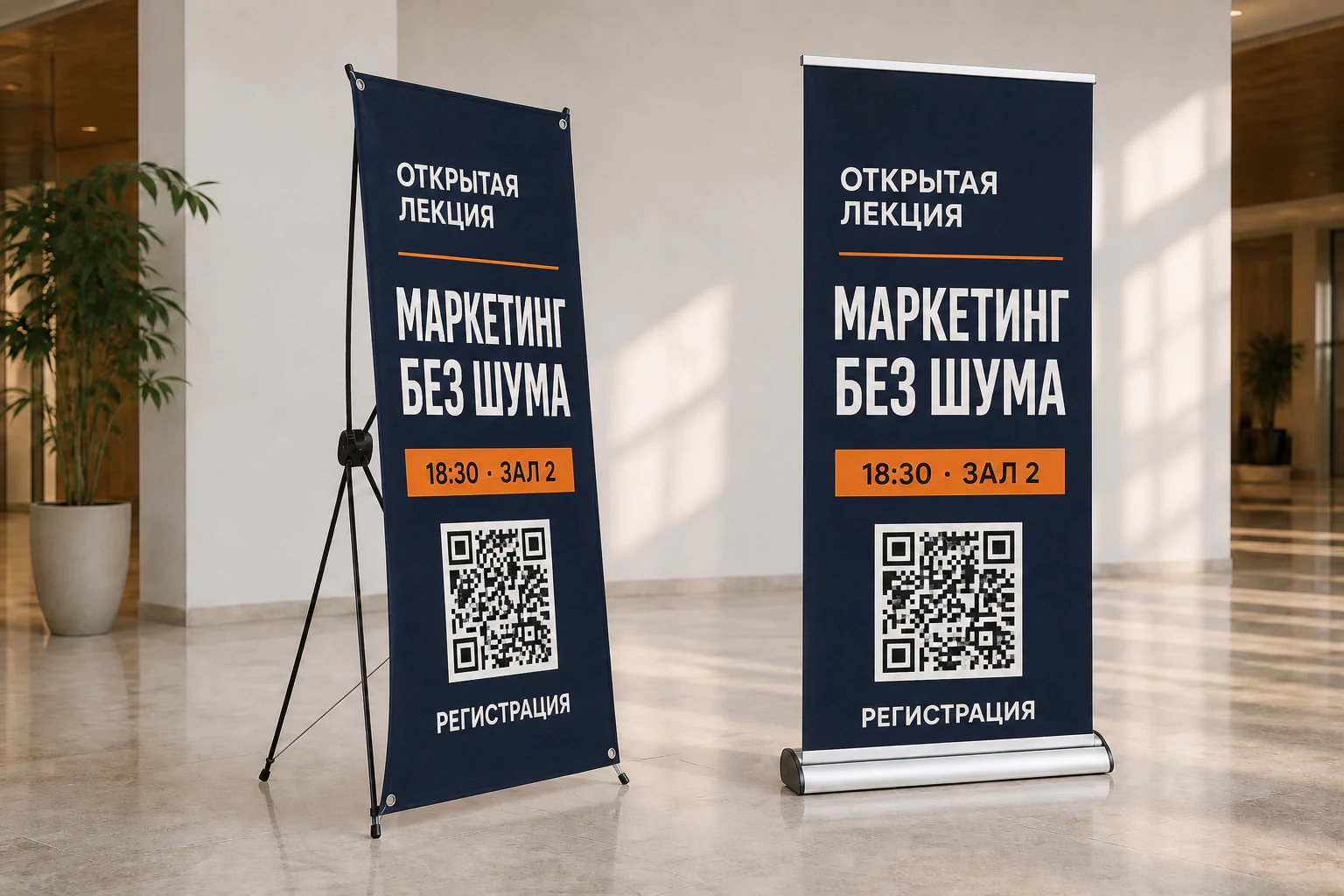 Стенд паук и Roll-up с одинаковым макетом делового мероприятия; для заказа в Рязани
