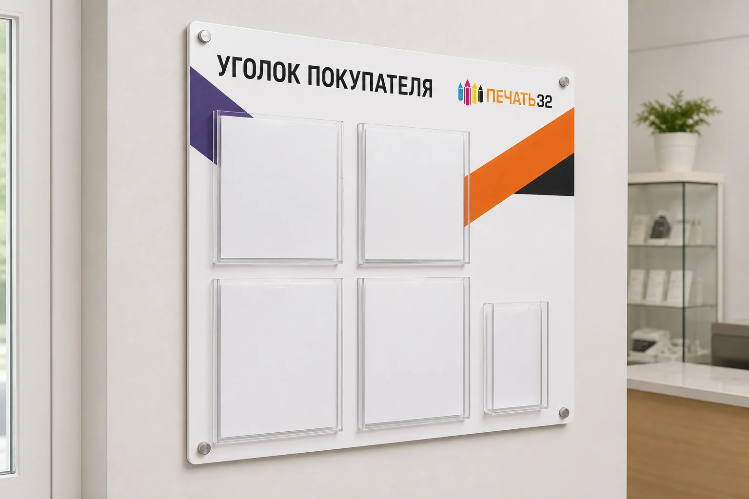 Уголок покупателя из ПВХ с прозрачными карманами; для заказа в Рязани
