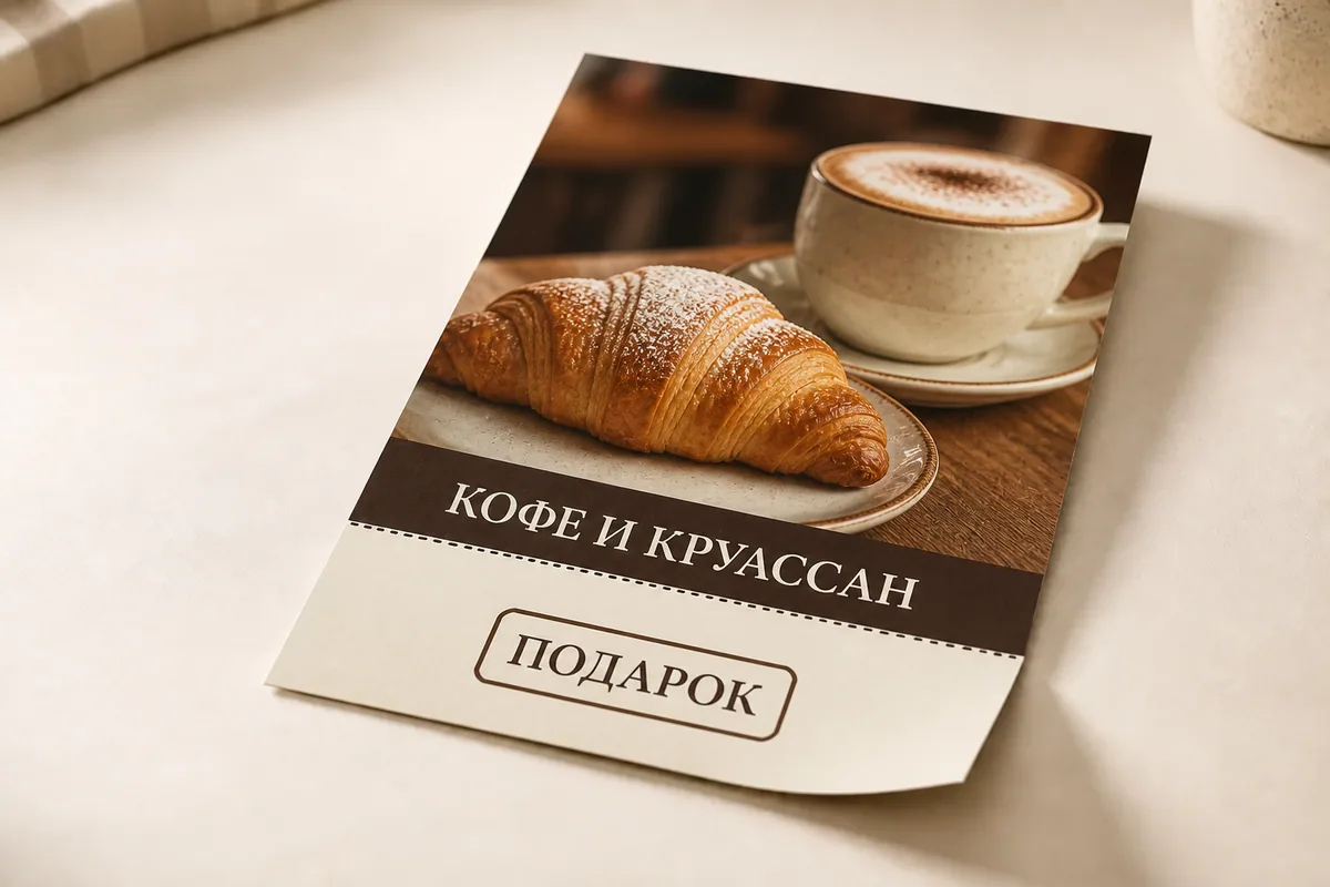 Листовка кафе формата A5 с профессиональной перфорацией и отрывным купоном; для заказа в Рязани
