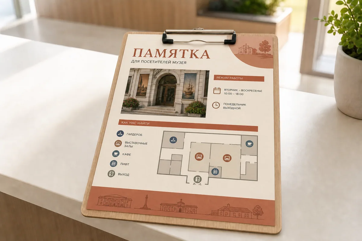 Памятка для посетителей музея формата A4 со схемой и режимом работы; для заказа в Рязани