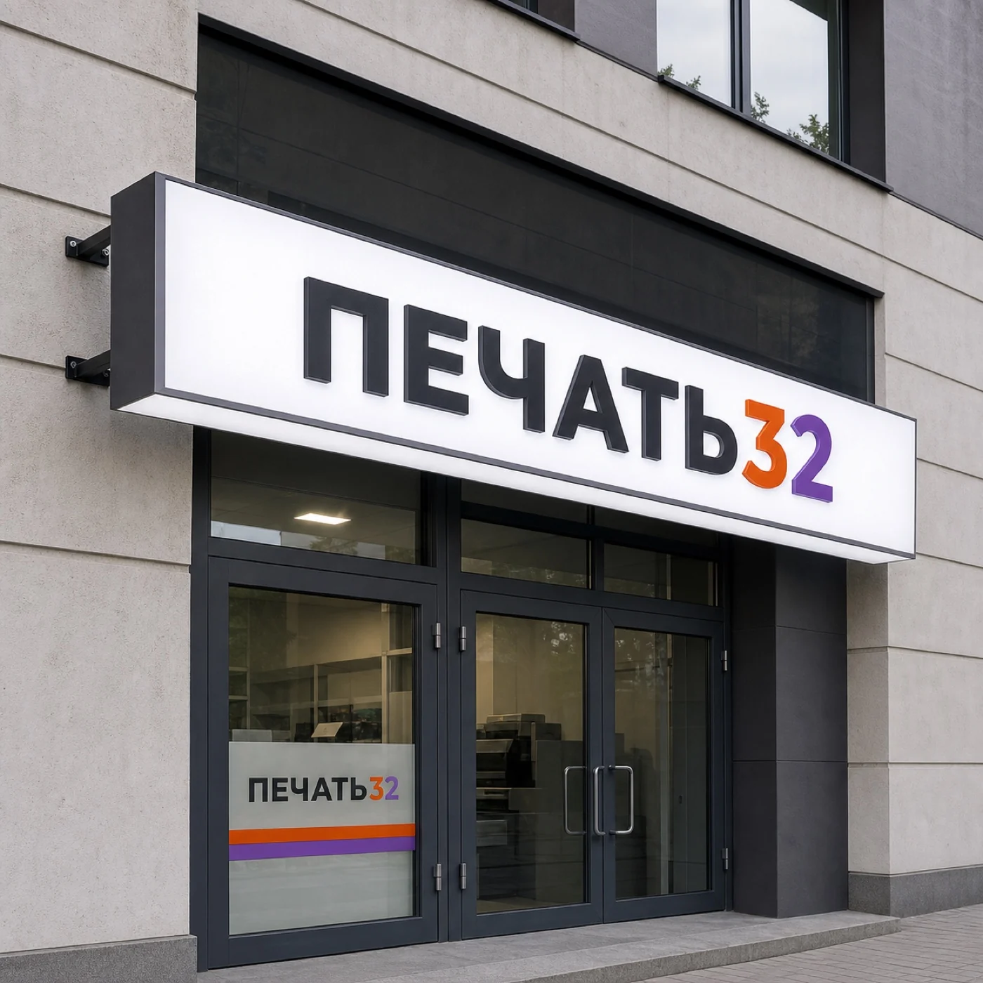 главный образец продукции: Вывески; Фирменная плоская фасадная вывеска без подсветки — ПЕЧАТЬ32, заказ с получением в Рязани, «Изготовление несветовых вывесок»